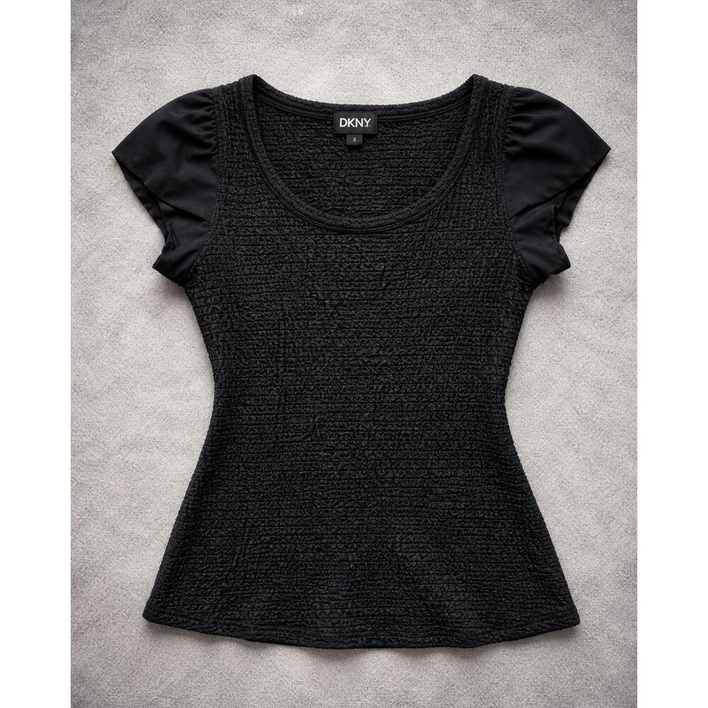 DKNY Crinkle Textured Top Womens Small Black Puff Sleeve Stretch Blouse